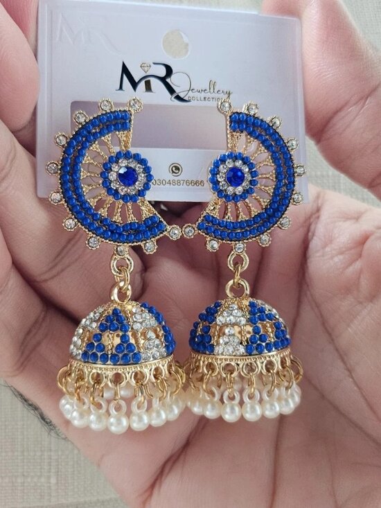 Jewelry - Jhumka Earrings Blue Tone Bead Gold Tone Chandelier High Quality Fashion Jewelry